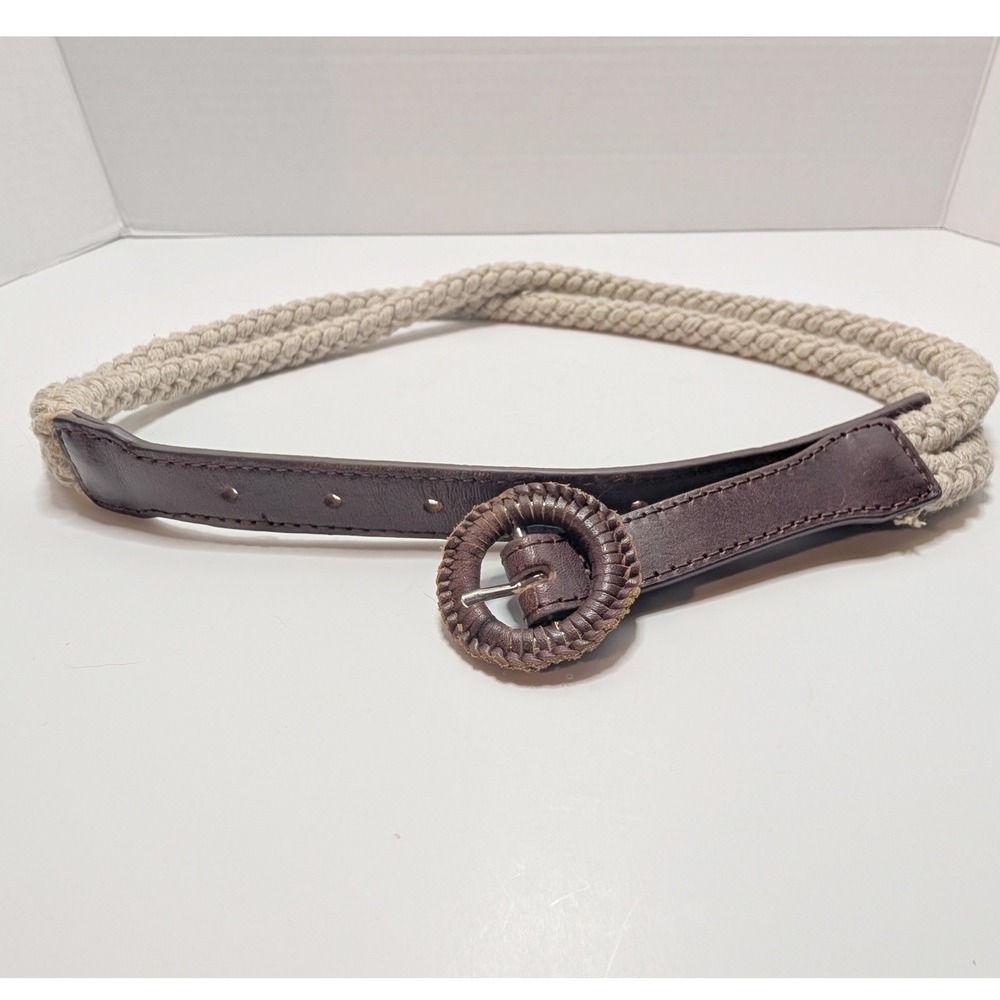 Rachel Pally Belt Brown Leather Cream Braided Rope Buckle Women XS/S Nautical